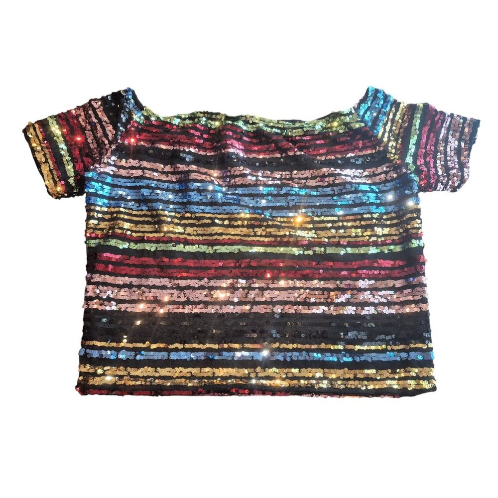 Striped Multicolor Sequin Off-Shoulder Crop Top Medium